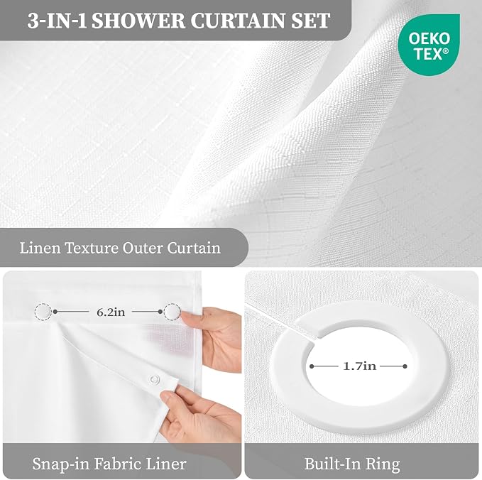 48x75 Ringless Linen Textured Shower Curtain with Snap in Liner, White | Stall Size, 3 in 1 Shower Curtain Set, Removable Liner, Waterproof & Washable, Mesh Top Window, Durable Fabric, Easy Setup