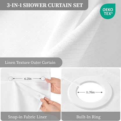 48x75 Ringless Linen Textured Shower Curtain with Snap in Liner, White | Stall Size, 3 in 1 Shower Curtain Set, Removable Liner, Waterproof & Washable, Mesh Top Window, Durable Fabric, Easy Setup