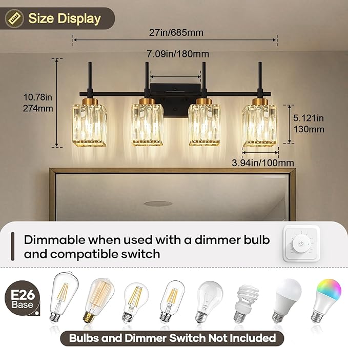 Torondo Modern Crystal Bathroom Vanity Light 4-Lights Gold Bathroom Light Fixtures Over Mirror Black and Gold Vanity Lighting Fixtures Gold Square Shade Brass Wall Sconce (Bulbs Not Include)