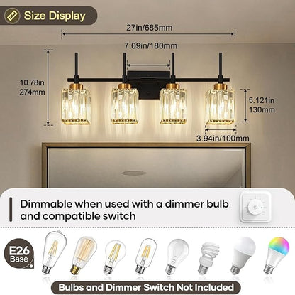 Torondo Modern Crystal Bathroom Vanity Light 4-Lights Gold Bathroom Light Fixtures Over Mirror Black and Gold Vanity Lighting Fixtures Gold Square Shade Brass Wall Sconce (Bulbs Not Include)