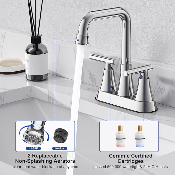 Bathroom Sink Faucet, Hurran 4 inch Chrome Bathroom Faucets for Sink 3 Hole with Pop-up Drain and Supply Hoses, 2-Handle Centerset Faucet for Bathroom Sink Vanity RV Farmhouse, 2 Pack