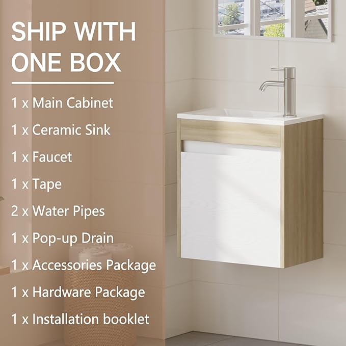 wonline 16” Small Bathroom Vanity Sink Combo for Small Space Wall Mounted Cabinet Set White Resin Basin Sink Top Chrome Faucet
