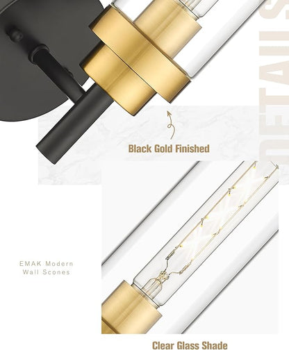 Emak Black and Gold Sconces Wall Lighting, Modern Vanity Lights with Clear Glass Shade, Wall Sconce for Bathroom, Bedroom, Living Room, Hallway, WS085-BKBGD