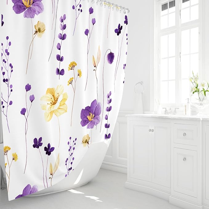 Purple Yellow Watercolor Floral Fabric Shower Curtain, 72x72 | Waterproof Fabric, Modern Minimalist Floral Print, Machine Washable, Rustproof Grommets, for Bathroom Home