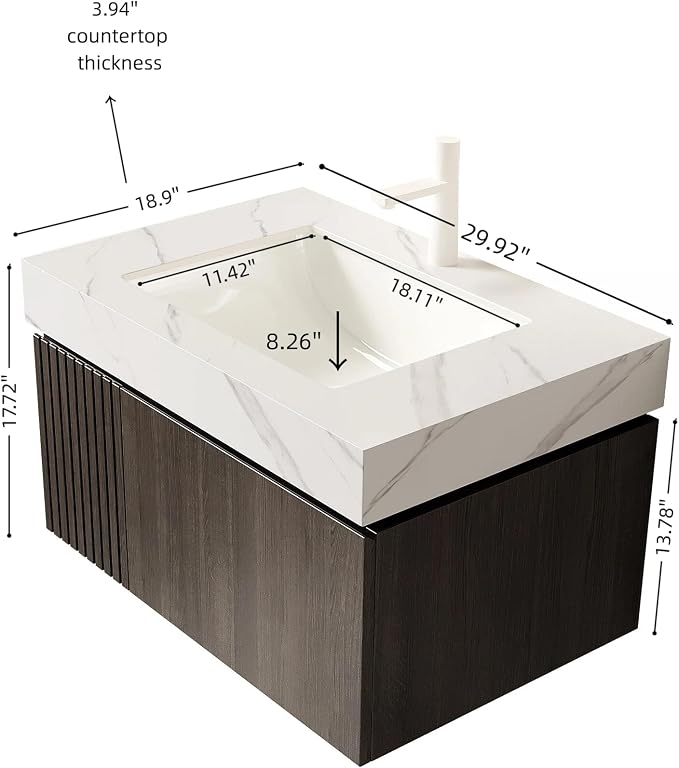 KEIKI 30 Inch Floating Bathroom Vanity with Sink, Espresso & White | Modern Wall Mounted Storage Cabinet w/ Drawer & Door, Pre-assembled Wood Panels, Sintered Stone Top & Ceramic Basin Combo Set