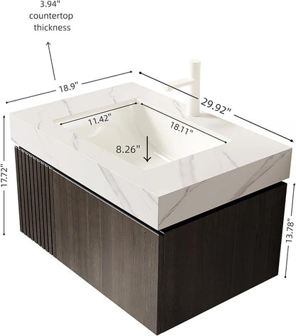 KEIKI 30 Inch Floating Bathroom Vanity with Sink, Espresso & White | Modern Wall Mounted Storage Cabinet w/ Drawer & Door, Pre-assembled Wood Panels, Sintered Stone Top & Ceramic Basin Combo Set