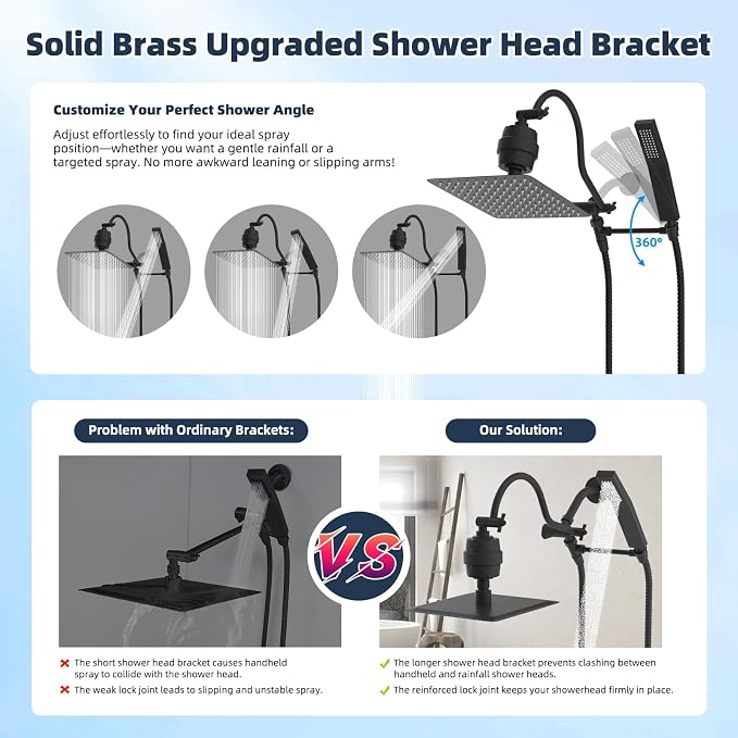 Hibbent All Metal 10'' Filtered Rainfall Shower Head Combo, High Pressure Handheld Shower Wand, 12'' Adjustable Extension Arm, 20 Stage Shower Filter, 71'' Hose, Shower Head Holders, Matte Black