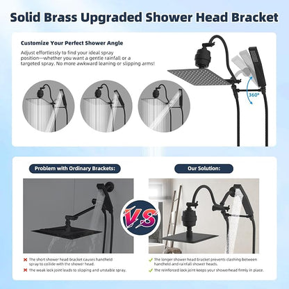 Hibbent All Metal 10'' Filtered Rainfall Shower Head Combo, High Pressure Handheld Shower Wand, 12'' Adjustable Extension Arm, 20 Stage Shower Filter, 71'' Hose, Shower Head Holders, Matte Black