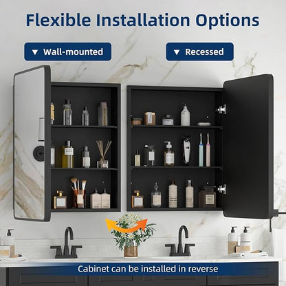 Medicine Cabinet 20 x 28 Inch, Black Bathroom Medicine Cabinet with Mirror,Metal Beveled Mirror, Adjustable Shelves, Recessed or Wall Mount, Sturdy & Solid, Bathroom Mirror with Storage