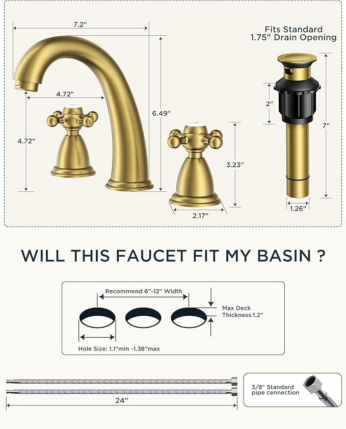 FORIOUS Brushed Gold Bathroom Faucet, Bathroom Sink Faucet 3 Hole with Pop Up Drain and Water Hose Supply, 2 Cross Handle Design, for Vanity RV Farmhouse Sink