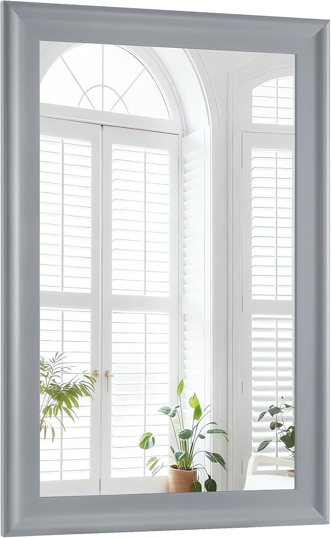 Wood Bathroom Mirror 24x36 Inch, Grey Wooden Rectangle Mirrors with Tempered Glass for Bathroom,Living Room or Entryway
