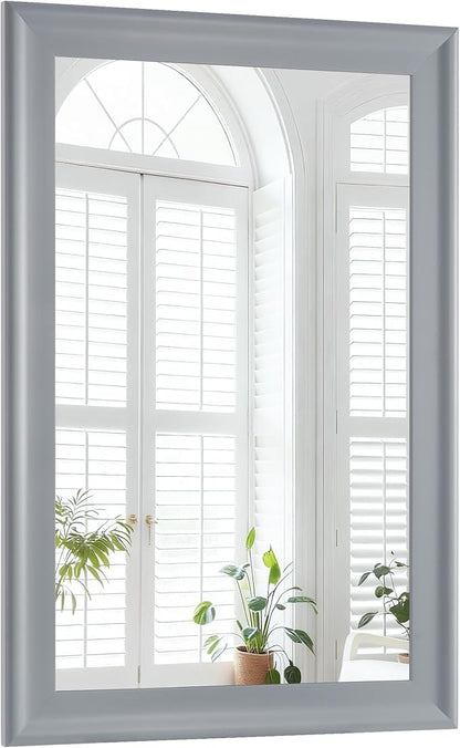 Wood Bathroom Mirror 24x36 Inch, Grey Wooden Rectangle Mirrors with Tempered Glass for Bathroom,Living Room or Entryway
