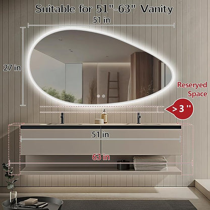 Niccy Irregular LED Bathroom Mirror with Lights, 27x51 Asymmetrical Backlit-Mirror for Wall Mounted, Bathroom Vanity Mirrors with Memory, Dimmable, 3 Colors, Anti-Fog, IP65 Waterproof