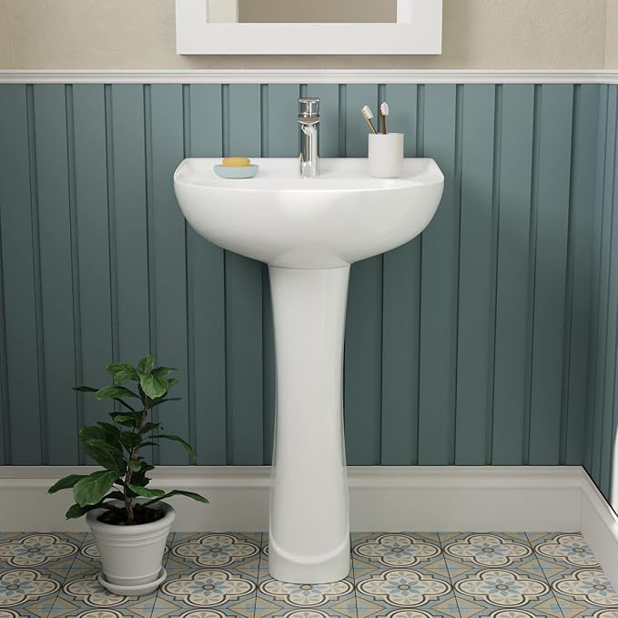 DeerValley Ally 20x16.54 Inch U-Shape White Ceramic Pedestal Sink with Overflow, Modern Bathroom Pedestal Sink, DV-1P525