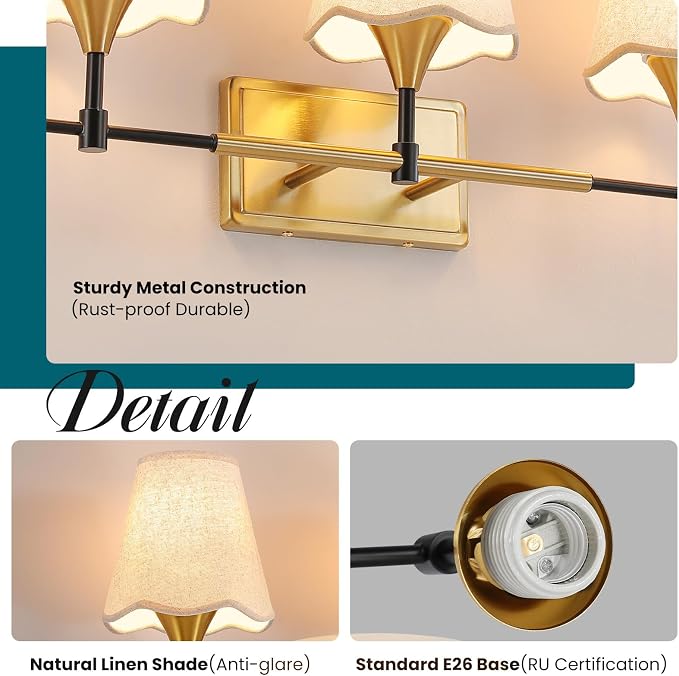 Black Gold Bathroom Vanity Light: 5 Light Vanity Lighting Fixtures with Flared Fabric Shade, Farmhouse Bathroom Lighting Fixtures over Mirror, Wall Sconce Lights for Bedroom Hallway Living Room