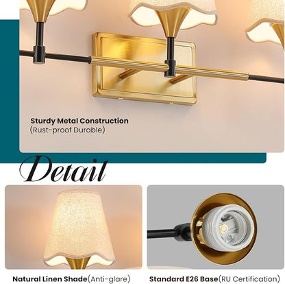 Black Gold Bathroom Vanity Light: 5 Light Vanity Lighting Fixtures with Flared Fabric Shade, Farmhouse Bathroom Lighting Fixtures over Mirror, Wall Sconce Lights for Bedroom Hallway Living Room