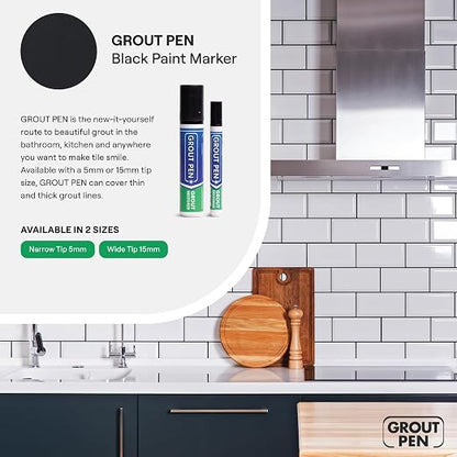 Grout Pen Black Tile Grout Paint Marker - 2 Pack w/Extra Tips (7mL) | Waterproof Grout Refresh Restorer for Kitchen & Bathroom, Tile Grout Colorant and Sealer Pens - Narrow Tip 5mm - Black