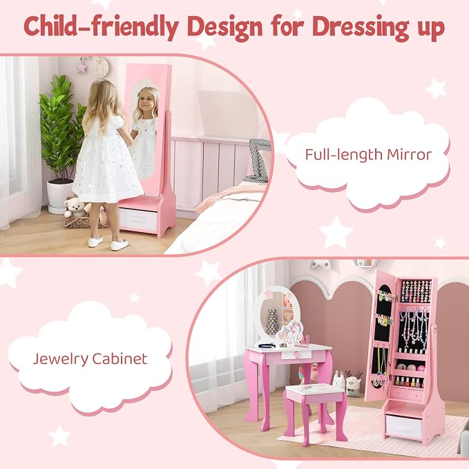 CHARMAID Kids Jewelry Armoire Cabinet - Standing jewelry Organizer for Girls, Full Length Mirror, Storage Drawers and Shelves, Kids Vanity Dressing Mirror with Storage (Pink)