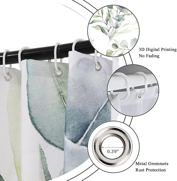 Eucalyptus Leaf Shower Curtains, Sage Green Spring Botanical Watercolor Plants Bathroom Curtains Bathtub Home Decor Waterproof Fabric Machine Washable with 12 PCS Hooks
