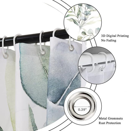 Eucalyptus Leaf Shower Curtains, Sage Green Spring Botanical Watercolor Plants Bathroom Curtains Bathtub Home Decor Waterproof Fabric Machine Washable with 12 PCS Hooks