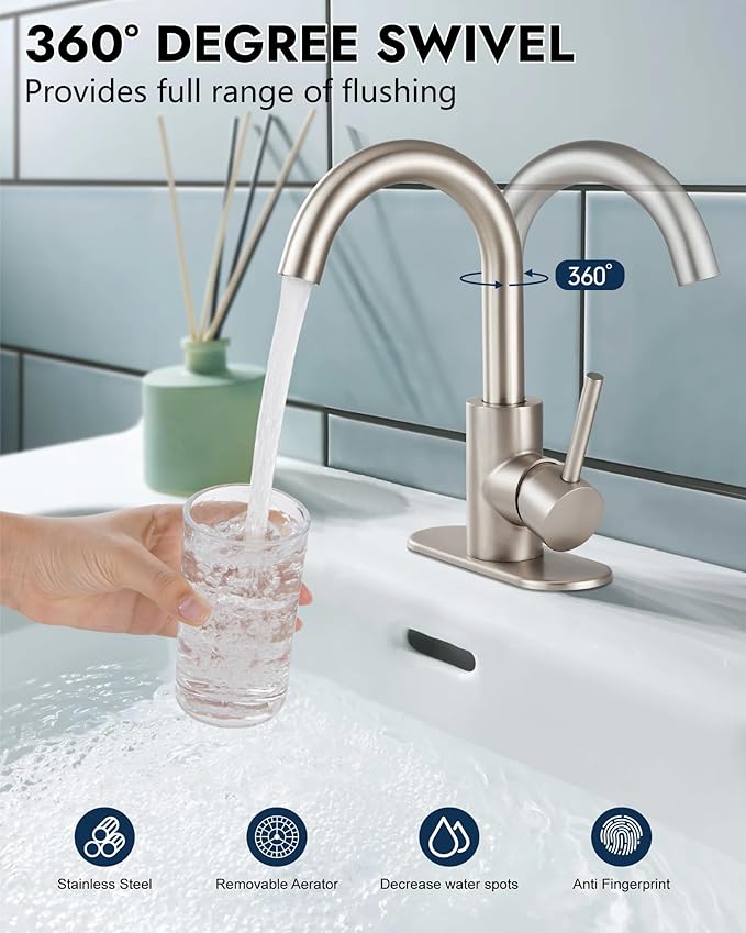 Midanya Single Hole Bathroom Faucet 1 Hole Bar Sink Faucet Suitable for Kitchen RV Vanity,304 Stainless Steel 360° Swivel Spout with Deck Plate and Pop-up Drain,Brushed Nickel