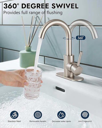 Midanya Single Hole Bathroom Faucet 1 Hole Bar Sink Faucet Suitable for Kitchen RV Vanity,304 Stainless Steel 360° Swivel Spout with Deck Plate and Pop-up Drain,Brushed Nickel