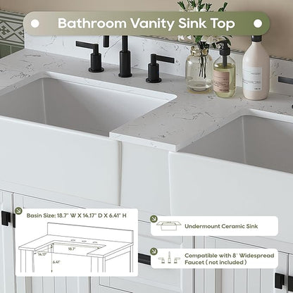 60 Inch Bathroom Vanity with Double Sink, Farmhouse Bathroom Sink Cabinet with Soft Closing Doors & Drawers, Solid Wooden Frame Double Sink Bathroom Vanity, Adjustable Feet, White