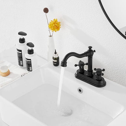 Bathroom Faucet Matte Black GGStudy 2 Handles 4 Inches Centerset Bathroom Vanity with Drain Assembly and Supply Hose Lavatory Faucet Mixer Double Handle Tap