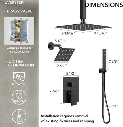 10" High-Pressure Rainfall Shower Faucet, Celling Mount Dual Shower Head System, Matte Black
