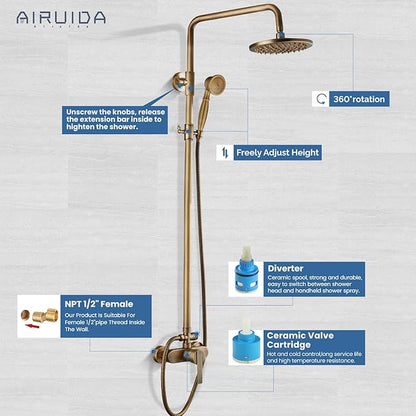 Airuida Exposed Shower System, 8 Inch Rainfall Shower Head with Handheld Spray, Single Handle Wall Mount Shower Faucet Set, Solid Brass Dual Function Exposed Pipe Fixture for Bathroom,Antique Brass