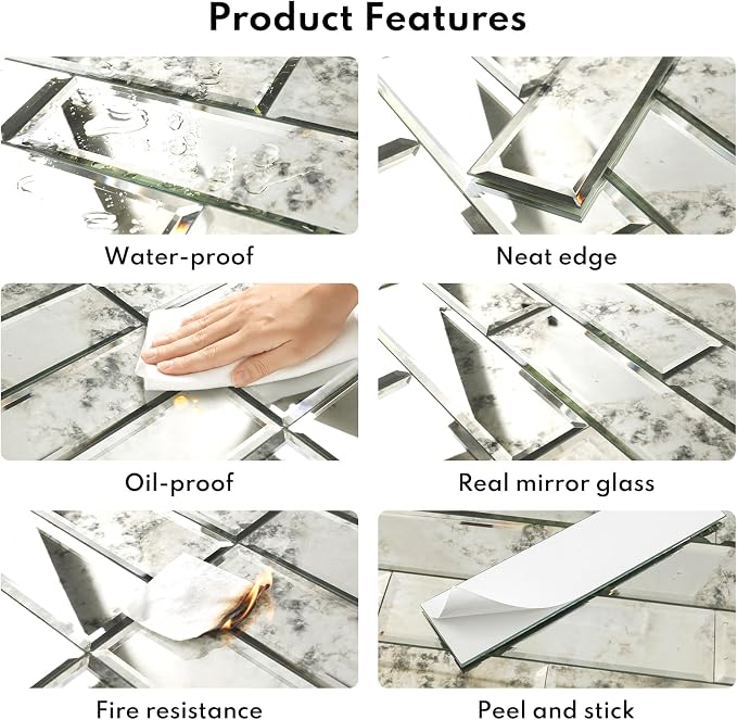 Peel and Stick Beveled Sliver Antique Mirror Tile Subway Mirror Glass Backsplash 3x12 Inch for Kitchen Bathroom Wall