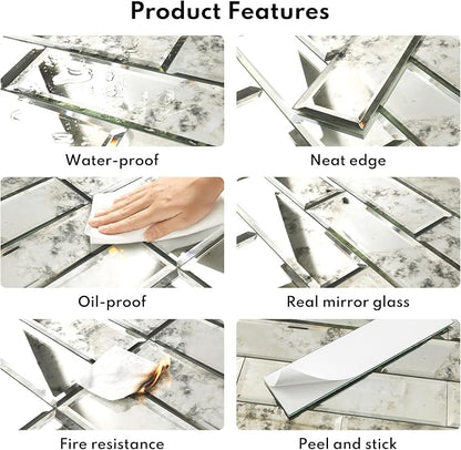 Peel and Stick Beveled Sliver Antique Mirror Tile Subway Mirror Glass Backsplash 3x12 Inch for Kitchen Bathroom Wall