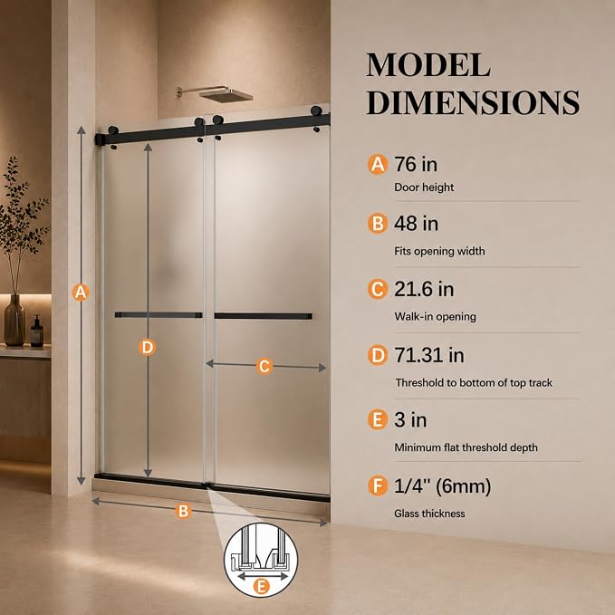 Frameless Shower Door,Frosted Sliding Shower Door, 44-48"W x 76"H-1/4” (6mm) , Frosted Glass Shower Door with 4" Left-Side Adjustment, 304 Stainless Steel Hardware, Nano Easy-Clean Glass, Matte Black