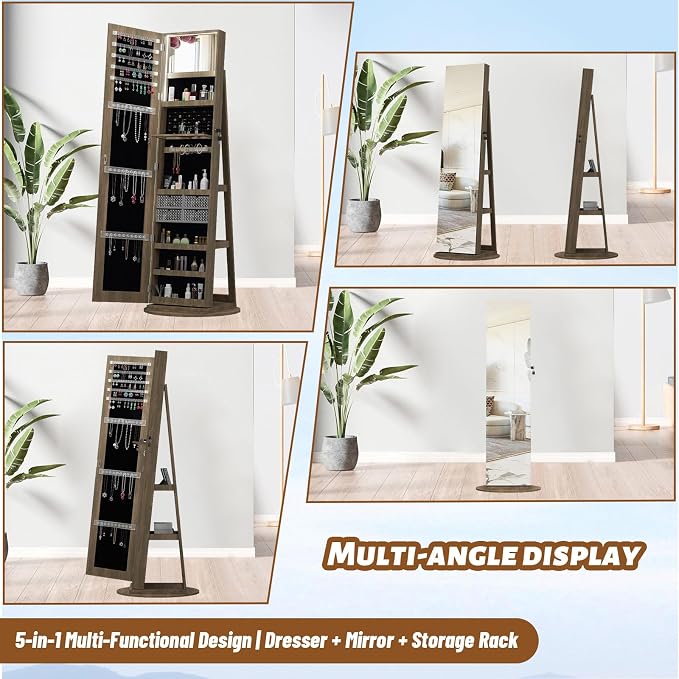 Jewelry Armoire with Full Length Mirror - 360° Swivel Standing Floor Mirror Jewelry Cabinet, Lockable Storage Organizer , 3 Shelves & Drawers,Tall Mirror with Storage for Women (Antique brown)