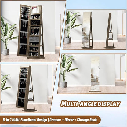Jewelry Armoire with Full Length Mirror - 360° Swivel Standing Floor Mirror Jewelry Cabinet, Lockable Storage Organizer , 3 Shelves & Drawers,Tall Mirror with Storage for Women (Antique brown)