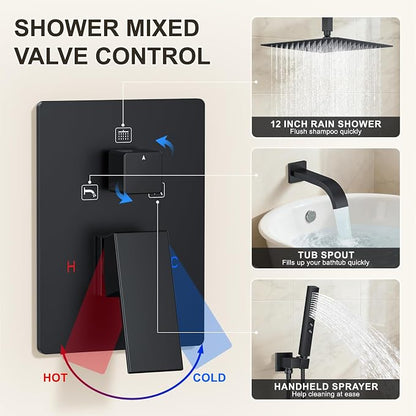 Shower System with Tub Spout, Ceiling Mounted Bathtub Shower Faucet Set, 12" Rainfall Shower Head and Handheld Shower Combo, High Pressure Shower Fixtures Set with Rough-in Valve, Matte Black