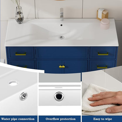 Blue Bathroom Vanity with Sink 48inch | 2 Doors and 8 Drawers | Wood Storage Basin Cabinet with Ceramic Basin for Home and Office