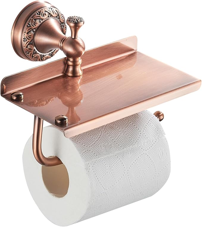 Red Copper Bath Toilet Paper Holder with Phone Shelf, Wall Mounted Bathroom Hardware Accessories, Pattern Carving Design, PBR-4386W