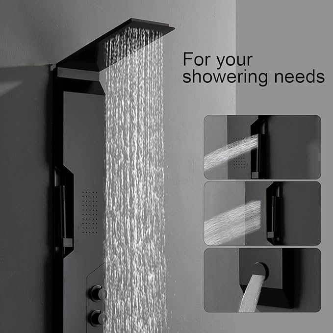 Homevacious 4 IN 1 Stainless Steel Multi-Function Shower Panel Tower System Rainfall Shower Head Massage Body Jets Handheld Shower and Bath Tub Spout Wall Mounted Bathroom Shower Panel Matte Black
