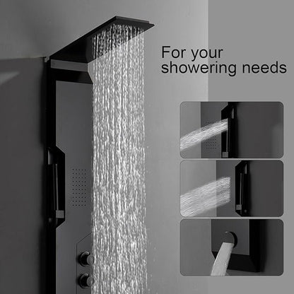 Homevacious 4 IN 1 Stainless Steel Multi-Function Shower Panel Tower System Rainfall Shower Head Massage Body Jets Handheld Shower and Bath Tub Spout Wall Mounted Bathroom Shower Panel Matte Black