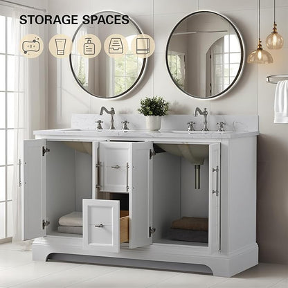 HOMEBEYOND 54 Inch Bathroom Vanity with Double Sink & Ceramic Top, Vanity Cabinet with Center Countertop Basin, Soft-Closing Doors, Backsplash, White