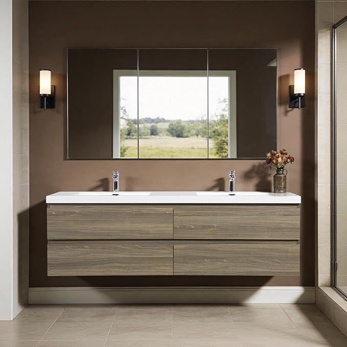 Floating Vanity Bathroom, 72 Inch Bathroom Vanity with Sink, Wall Mounted Double Sink Bathroom Vanity, Soft Closed 2 Drawers, Integrated Sink (Ash Grey)