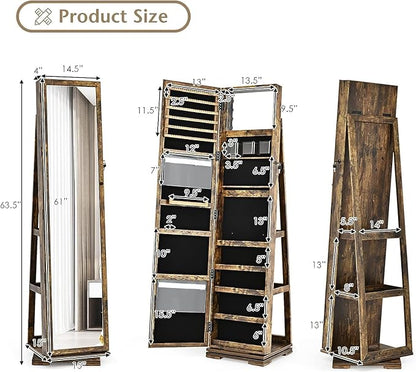 LOKO 360° Rotating Jewelry Armoire, Freestanding Jewelry Cabinet with Inside Makeup Mirror, 2-in-1 Lockable Jewelry Organizer w/Full-Length Mirror for Women (Rustic Brown)