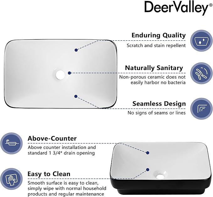 DeerValley Vessel Sink Rectangle, Black & White Semi Recessed Bathroom Sinks, 18.9"x11.61" Modern Rectangular Top Counter Bathroom Sink Porcelain Ceramic Lavatory Sink Bowl Art Basin DV-1V0233