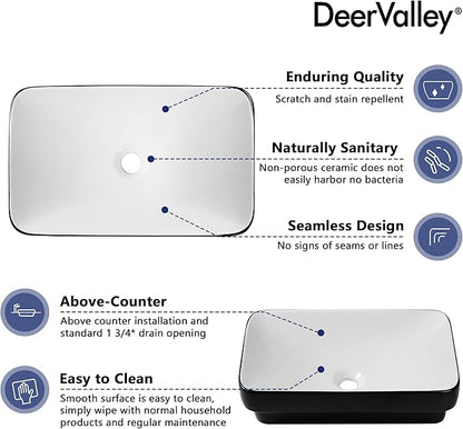 DeerValley Vessel Sink Rectangle, Black & White Semi Recessed Bathroom Sinks, 18.9"x11.61" Modern Rectangular Top Counter Bathroom Sink Porcelain Ceramic Lavatory Sink Bowl Art Basin DV-1V0233