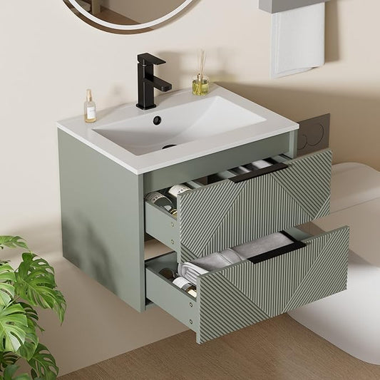 LUCKWIND 24" Floating Bathroom Vanity with Sink Combo, Wall Mounted Floating Cabinet with 2 Large Soft-Close Drawers & Water Saving Faucet, Geometric Textured Design in Green