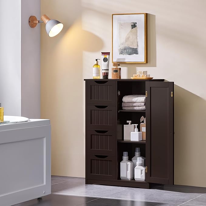Yaheetech Wooden Bathroom Floor Cabinet, Side Storage Organizer Cabinet with 4 Drawers and 1 Cupboard, Freestanding Entryway Storage Unit Console Table, Home Decor Furniture, Brown