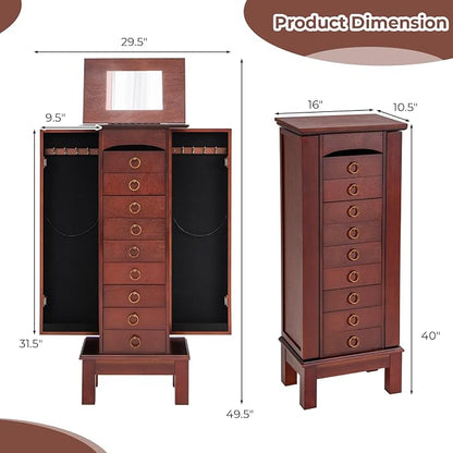 GOFLAME Standing Jewelry Cabinet Armoire, Jewelry Storage Organizer with Flip Top Mirror, 9 Drawers, 2 Side Doors, Space Saving Jewelry Chest Armoire for Necklaces, Earrings, Bracelets, Brown
