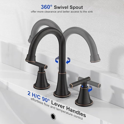 Bathroom Faucets for Sink 3 Hole, Hurran Oil Rubbed Bronze Bathroom Sink Faucet with Pop-up Drain and Supply Lines, Stainless Steel Lead-Free Widespread Faucet for Vanity RV Farmhouse