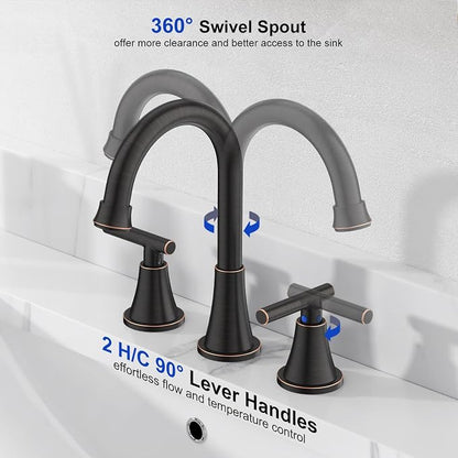 Bathroom Faucet 3 Hole, ORB Faucets with Pop-up Drain and Supply Lines | Hurran Stainless Steel Lead-Free Widespread Bathroom Sink Faucet for Vanity RV Restroom Laundry Outdoor Utility Sink